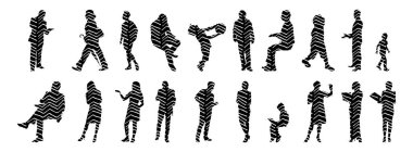 Vektör siluetleri, insanların ana hatları, Contour çizimleri, insanların siluetleri, ikon kümesi izole edilmiş, oturan insanların silueti, mimari set