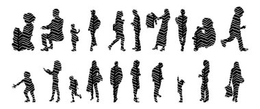 Vektör siluetleri, insanların ana hatları, Contour çizimleri, insanların siluetleri, ikon kümesi izole edilmiş, oturan insanların silueti, mimari set