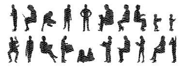 Vektör siluetleri, insanların ana hatları, Contour çizimleri, insanların siluetleri, ikon kümesi izole edilmiş, oturan insanların silueti, mimari set