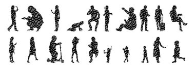 Vektör siluetleri, insanların ana hatları, Contour çizimleri, insanların siluetleri, ikon kümesi izole edilmiş, oturan insanların silueti, mimari set