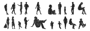 Vektör siluetleri, insanların ana hatları, Contour çizimleri, insanların siluetleri, ikon kümesi izole edilmiş, oturan insanların silueti, mimari set