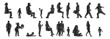 Vektör siluetleri, insanların ana hatları, Contour çizimleri, insanların siluetleri, ikon kümesi izole edilmiş, oturan insanların silueti, mimari set