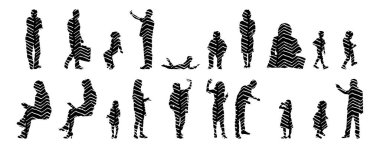 Vektör siluetleri, insanların ana hatları, Contour çizimleri, insanların siluetleri, ikon kümesi izole edilmiş, oturan insanların silueti, mimari set