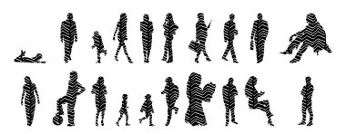 Vektör siluetleri, insanların ana hatları, Contour çizimleri, insanların siluetleri, ikon kümesi izole edilmiş, oturan insanların silueti, mimari set