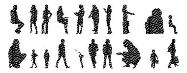 Vektör siluetleri, insanların ana hatları, Contour çizimleri, insanların siluetleri, ikon kümesi izole edilmiş, oturan insanların silueti, mimari set