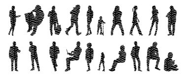 Vektör siluetleri, insanların ana hatları, Contour çizimleri, insanların siluetleri, ikon kümesi izole edilmiş, oturan insanların silueti, mimari set