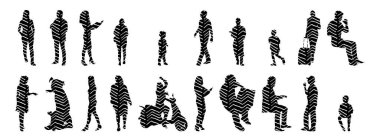 Vektör siluetleri, insanların ana hatları, Contour çizimleri, insanların siluetleri, ikon kümesi izole edilmiş, oturan insanların silueti, mimari set