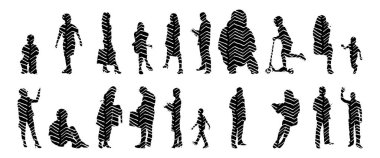 Vektör siluetleri, insanların ana hatları, Contour çizimleri, insanların siluetleri, ikon kümesi izole edilmiş, oturan insanların silueti, mimari set