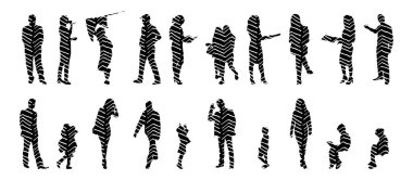 Vektör siluetleri, insanların ana hatları, Contour çizimleri, insanların siluetleri, ikon kümesi izole edilmiş, oturan insanların silueti, mimari set