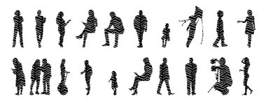 Vektör siluetleri, insanların ana hatları, Contour çizimleri, insanların siluetleri, ikon kümesi izole edilmiş, oturan insanların silueti, mimari set