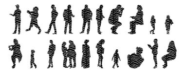 Vektör siluetleri, insanların ana hatları, Contour çizimleri, insanların siluetleri, ikon kümesi izole edilmiş, oturan insanların silueti, mimari set