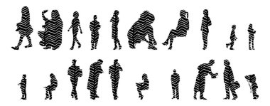 Vektör siluetleri, insanların ana hatları, Contour çizimleri, insanların siluetleri, ikon kümesi izole edilmiş, oturan insanların silueti, mimari set