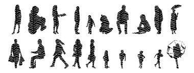 Vektör siluetleri, insanların ana hatları, Contour çizimleri, insanların siluetleri, ikon kümesi izole edilmiş, oturan insanların silueti, mimari set