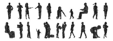 Vektör siluetleri, insanların ana hatları, Contour çizimleri, insanların siluetleri, ikon kümesi izole edilmiş, oturan insanların silueti, mimari set