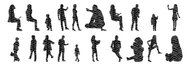 Vektör siluetleri, insanların ana hatları, Contour çizimleri, insanların siluetleri, ikon kümesi izole edilmiş, oturan insanların silueti, mimari set