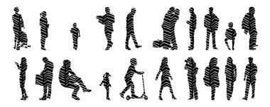 Vektör siluetleri, insanların ana hatları, Contour çizimleri, insanların siluetleri, ikon kümesi izole edilmiş, oturan insanların silueti, mimari set