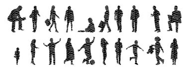 Vektör siluetleri, insanların ana hatları, Contour çizimleri, insanların siluetleri, ikon kümesi izole edilmiş, oturan insanların silueti, mimari set