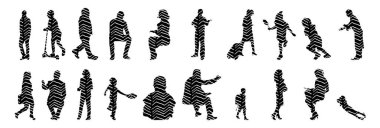 Vektör siluetleri, insanların ana hatları, Contour çizimleri, insanların siluetleri, ikon kümesi izole edilmiş, oturan insanların silueti, mimari set