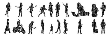 Vektör siluetleri, insanların ana hatları, Contour çizimleri, insanların siluetleri, ikon kümesi izole edilmiş, oturan insanların silueti, mimari set