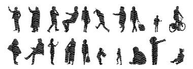 Vektör siluetleri, insanların ana hatları, Contour çizimleri, insanların siluetleri, ikon kümesi izole edilmiş, oturan insanların silueti, mimari set