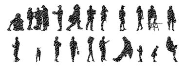 Vektör siluetleri, insanların ana hatları, Contour çizimleri, insanların siluetleri, ikon kümesi izole edilmiş, oturan insanların silueti, mimari set