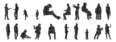 Vektör siluetleri, insanların ana hatları, Contour çizimleri, insanların siluetleri, ikon kümesi izole edilmiş, oturan insanların silueti, mimari set