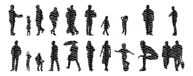 Vektör siluetleri, insanların ana hatları, Contour çizimleri, insanların siluetleri, ikon kümesi izole edilmiş, oturan insanların silueti, mimari set