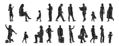 Vektör siluetleri, insanların ana hatları, Contour çizimleri, insanların siluetleri, ikon kümesi izole edilmiş, oturan insanların silueti, mimari set