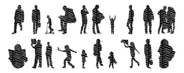 Vektör siluetleri, insanların ana hatları, Contour çizimleri, insanların siluetleri, ikon kümesi izole edilmiş, oturan insanların silueti, mimari set