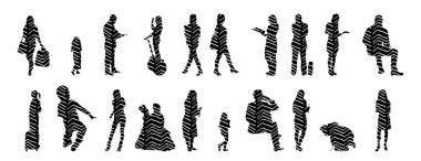 Vektör siluetleri, insanların ana hatları, Contour çizimleri, insanların siluetleri, ikon kümesi izole edilmiş, oturan insanların silueti, mimari set