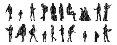 Vektör siluetleri, insanların ana hatları, Contour çizimleri, insanların siluetleri, ikon kümesi izole edilmiş, oturan insanların silueti, mimari set