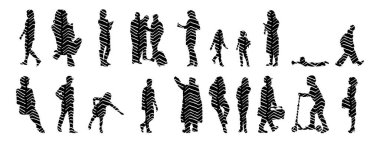 Vektör siluetleri, insanların ana hatları, Contour çizimleri, insanların siluetleri, ikon kümesi izole edilmiş, oturan insanların silueti, mimari set