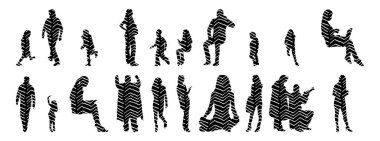 Vektör siluetleri, insanların ana hatları, Contour çizimleri, insanların siluetleri, ikon kümesi izole edilmiş, oturan insanların silueti, mimari set