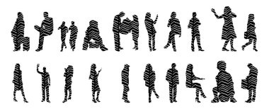 Vektör siluetleri, insanların ana hatları, Contour çizimleri, insanların siluetleri, ikon kümesi izole edilmiş, oturan insanların silueti, mimari set