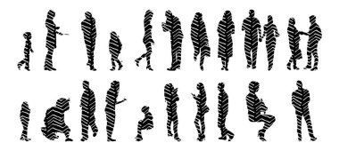 Vektör siluetleri, insanların ana hatları, Contour çizimleri, insanların siluetleri, ikon kümesi izole edilmiş, oturan insanların silueti, mimari set