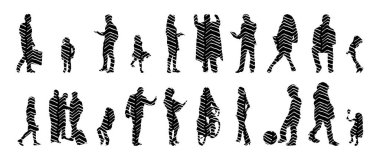 Vektör siluetleri, insanların ana hatları, Contour çizimleri, insanların siluetleri, ikon kümesi izole edilmiş, oturan insanların silueti, mimari set