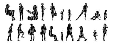 Vektör siluetleri, insanların ana hatları, Contour çizimleri, insanların siluetleri, ikon kümesi izole edilmiş, oturan insanların silueti, mimari set