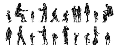 Vektör siluetleri, insanların ana hatları, Contour çizimleri, insanların siluetleri, ikon kümesi izole edilmiş, oturan insanların silueti, mimari set