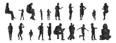 Vektör siluetleri, insanların ana hatları, Contour çizimleri, insanların siluetleri, ikon kümesi izole edilmiş, oturan insanların silueti, mimari set