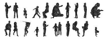 Vektör siluetleri, insanların ana hatları, Contour çizimleri, insanların siluetleri, ikon kümesi izole edilmiş, oturan insanların silueti, mimari set