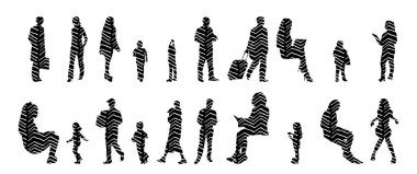 Vektör siluetleri, insanların ana hatları, Contour çizimleri, insanların siluetleri, ikon kümesi izole edilmiş, oturan insanların silueti, mimari set