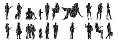 Vektör siluetleri, insanların ana hatları, Contour çizimleri, insanların siluetleri, ikon kümesi izole edilmiş, oturan insanların silueti, mimari set