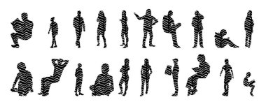 Vektör siluetleri, insanların ana hatları, Contour çizimleri, insanların siluetleri, ikon kümesi izole edilmiş, oturan insanların silueti, mimari set