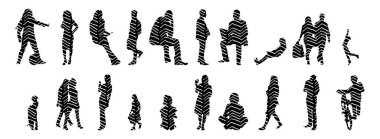 Vektör siluetleri, insanların ana hatları, Contour çizimleri, insanların siluetleri, ikon kümesi izole edilmiş, oturan insanların silueti, mimari set