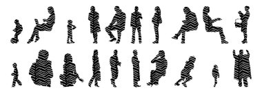 Vektör siluetleri, insanların ana hatları, Contour çizimleri, insanların siluetleri, ikon kümesi izole edilmiş, oturan insanların silueti, mimari set