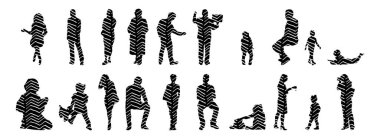 Vektör siluetleri, insanların ana hatları, Contour çizimleri, insanların siluetleri, ikon kümesi izole edilmiş, oturan insanların silueti, mimari set