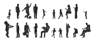 Vektör siluetleri, insanların ana hatları, Contour çizimleri, insanların siluetleri, ikon kümesi izole edilmiş, oturan insanların silueti, mimari set