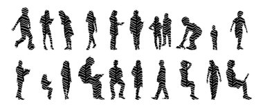 Vektör siluetleri, insanların ana hatları, Contour çizimleri, insanların siluetleri, ikon kümesi izole edilmiş, oturan insanların silueti, mimari set