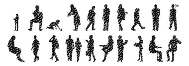 Vektör siluetleri, insanların ana hatları, Contour çizimleri, insanların siluetleri, ikon kümesi izole edilmiş, oturan insanların silueti, mimari set