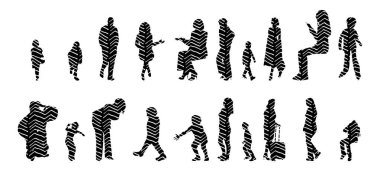 Vektör siluetleri, insanların ana hatları, Contour çizimleri, insanların siluetleri, ikon kümesi izole edilmiş, oturan insanların silueti, mimari set